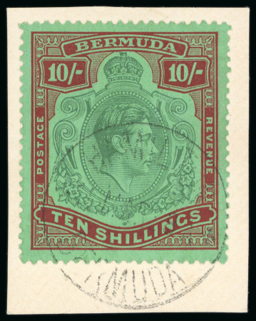 Stamp of Bermuda 1938-53 10s green and deep lake on pale emerald paper, tied to piece 