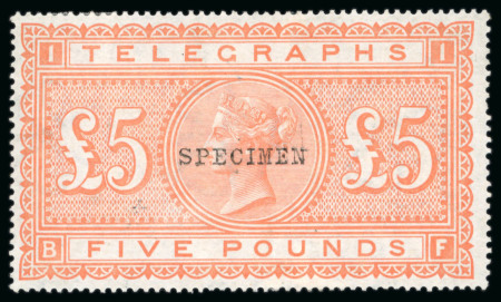 Stamp of Great Britain » Telegraphs 1877 £5 Orange, pl. 1, BF, fine OG, overprinted "SPECIMEN"