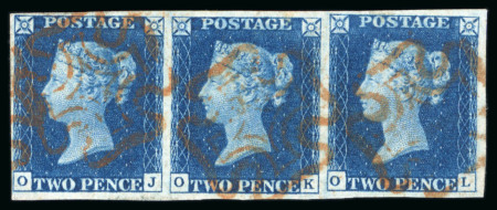 Stamp of Great Britain » 1840 2d Blue (ordered by plate number) 1840 2d. blue,  Pl. 2, OJ-OL strip of three, good to