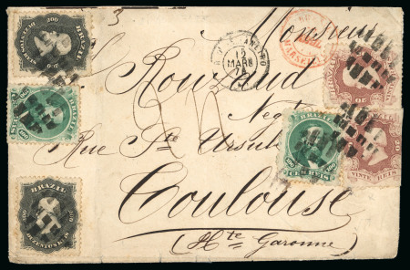 Stamp of Brazil » 1866-83 Dom Pedro » 1866 "Black Beard" Issue 1866, 200r black, two examples, 20r (2) & 100r (2) on cover to France