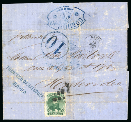 Stamp of Brazil » 1866-83 Dom Pedro » 1866 "Black Beard" Issue 1866, 100r green, type I, die I, used overlapping the