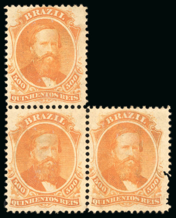 Stamp of Brazil » 1866-83 Dom Pedro » 1866 "Black Beard" Issue 1866, 500r orange, irregular block of three, unused