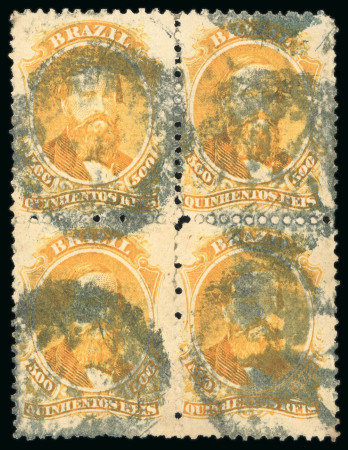 Stamp of Brazil » 1866-83 Dom Pedro » 1866 "Black Beard" Issue 1866, 500r lemon-orange, block of four, used