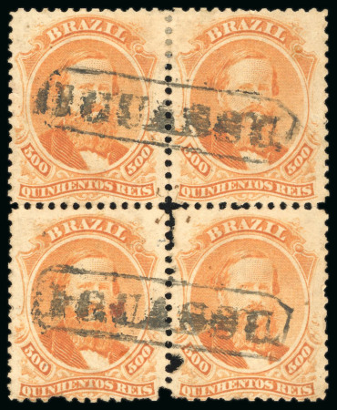 Stamp of Brazil » 1866-83 Dom Pedro » 1866 "Black Beard" Issue 1866, 500r orange, block of four, used at Iguassu