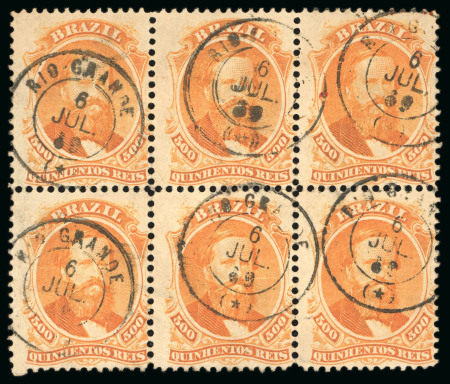 Stamp of Brazil » 1866-83 Dom Pedro » 1866 "Black Beard" Issue 1866, 500r orange, horizontal block of six, brilliant