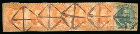 Stamp of Brazil » 1866-83 Dom Pedro » 1866 "Black Beard" Issue 1866, 500r orange, pair and strip of three, together 100r green on piece