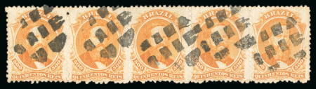 Stamp of Brazil » 1866-83 Dom Pedro » 1866 "Black Beard" Issue 1866, 500r orange, a remarkable strip of five used