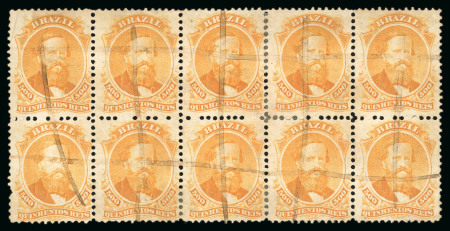 Stamp of Brazil » 1866-83 Dom Pedro » 1866 "Black Beard" Issue 1866, 500r orange, horizontal block of ten, fresh cancelled by pen strokes