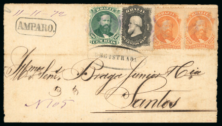 Stamp of Brazil » 1866-83 Dom Pedro » 1866 "Black Beard" Issue 1866, 500r orange, horizontal pair, 100r green and 200r on cover front