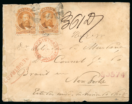 Stamp of Brazil » 1866-83 Dom Pedro » 1866 "Black Beard" Issue 1866, 500r orange, horizontal pair, used on 5.7.1880