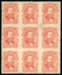 Stamp of Brazil » 1866-83 Dom Pedro » 1876 Roulette "Black Beard" Issue 1876, 10r vermilion, block of nine (3x3) mint