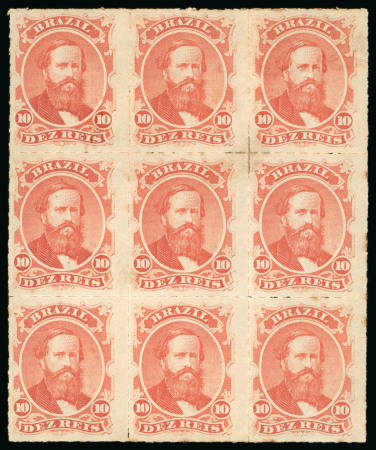 Stamp of Brazil » 1866-83 Dom Pedro » 1876 Roulette "Black Beard" Issue 1876, 10r vermilion, block of nine (3x3) mint