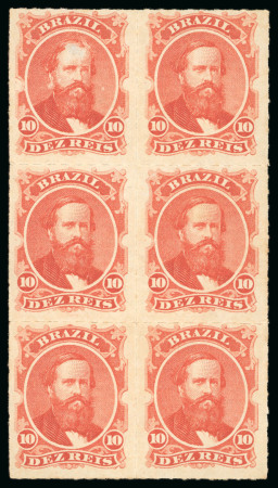 Stamp of Brazil » 1866-83 Dom Pedro » 1876 Roulette "Black Beard" Issue 1876, 10r vermilion, vertical block of six, unused without gum