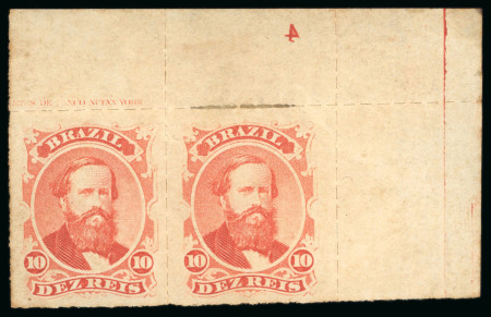 Stamp of Brazil » 1866-83 Dom Pedro » 1876 Roulette "Black Beard" Issue 1876, 10r vermilion, horizontal pair mint with plate number