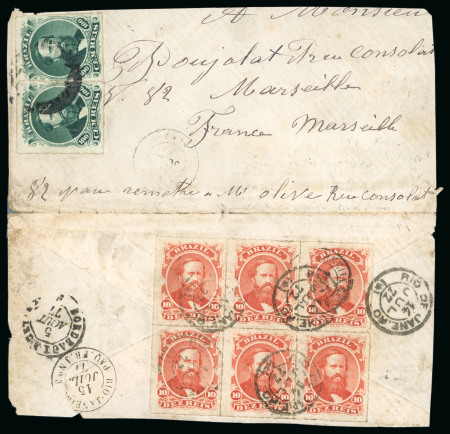 Stamp of Brazil » 1866-83 Dom Pedro » 1876 Roulette "Black Beard" Issue 1876 10r vermilion, horizontal block of six and 100r