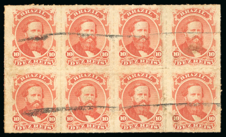 Stamp of Brazil » 1866-83 Dom Pedro » 1876 Roulette "Black Beard" Issue 1876 10r vermilion, horizontal block of eight, the