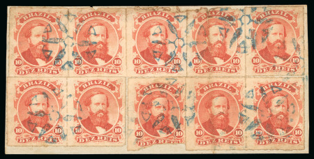 Stamp of Brazil » 1866-83 Dom Pedro » 1876 Roulette "Black Beard" Issue 1876 10r vermilion, strip of five, two pairs and single on piece