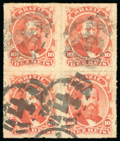 Stamp of Brazil » 1866-83 Dom Pedro » 1876 Roulette "Black Beard" Issue 1876, 10r vermilion, block of four, outstanding centring