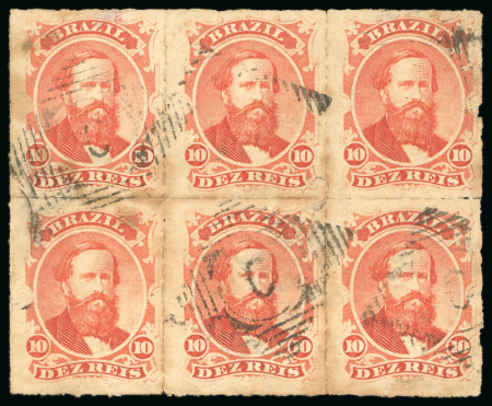 Stamp of Brazil » 1866-83 Dom Pedro » 1876 Roulette "Black Beard" Issue 1876, 10r vermilion, horizontal block of six, cancelled