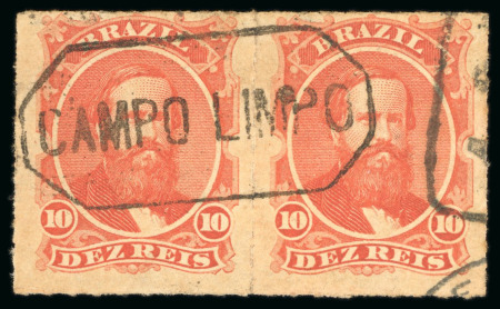 Stamp of Brazil » 1866-83 Dom Pedro » 1876 Roulette "Black Beard" Issue 1876, 10r vermilion, two pairs and one strip of three with different usages