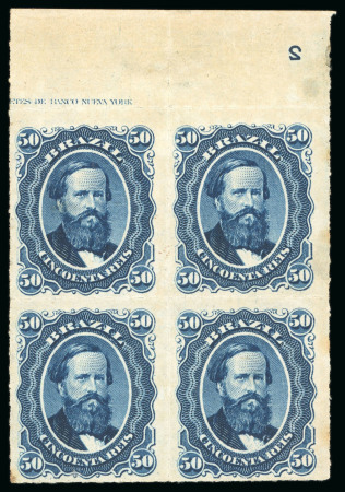 Stamp of Brazil » 1866-83 Dom Pedro » 1876 Roulette "Black Beard" Issue 1876, 50r blue, the exceptional block of four with plate number