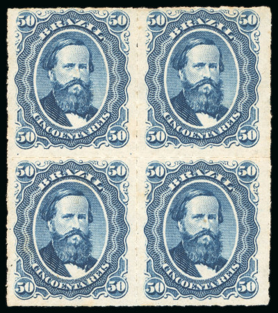 Stamp of Brazil » 1866-83 Dom Pedro » 1876 Roulette "Black Beard" Issue 1876, 50r blue, block of four, unique with original gum