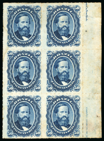 Stamp of Brazil » 1866-83 Dom Pedro » 1876 Roulette "Black Beard" Issue 1876, 50r blue on bluish paper, vertical block of six mint