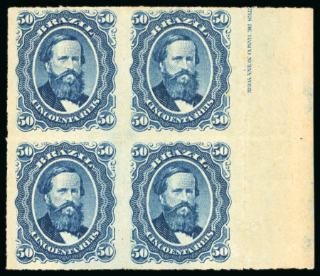 Stamp of Brazil » 1866-83 Dom Pedro » 1876 Roulette "Black Beard" Issue 1876, 50r blue, block of four, mint with original gum,