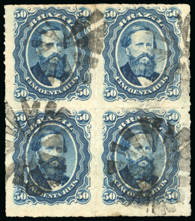 Stamp of Brazil » 1866-83 Dom Pedro » 1876 Roulette "Black Beard" Issue 1876, 50r blue, block of four, lightly cancelled