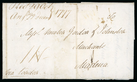 Stamp of St. Kitts-Nevis 1777 (Aug 1) entire from St. Kitts to Madeira