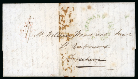 Stamp of Leeward Islands 1842 (Jun 24) entire datelined "HMS Magnificent, Port Royal" (Jamaica), sent to Scotland with green "LEEWARD ISLANDS / F" undated circle