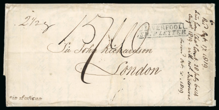 Stamp of Dominica 1819 entire to London, rated "15/10" and endorsed "2 1/2oz", paying ten times the 6d ship letter rate