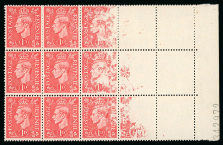 Stamp of Great Britain » King George VI 1941-42 1d pale scarlet mint right marginal block of 15 showing dramatic dry print with six stamps missing most if not all of the printing