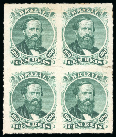 Stamp of Brazil » 1866-83 Dom Pedro » 1876 Roulette "Black Beard" Issue 1876, 100r green, block of four featuring mixed types