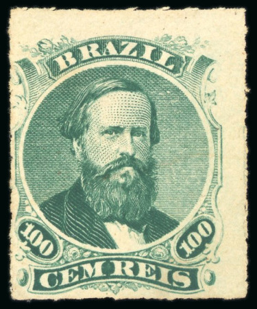 Stamp of Brazil » 1866-83 Dom Pedro » 1876 Roulette "Black Beard" Issue 1876, 100r green, type I, die I, two examples unused
