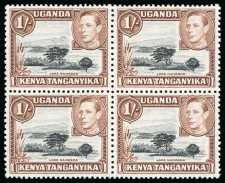 Stamp of Kenya, Uganda and Tanganyika » Kenya, Uganda and Tanganyika 1938-54 KGVI 1s black & brown showing mountain retouch variety (R6/7) in mint n.h. block of four