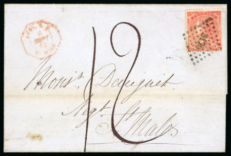 Stamp of Great Britain » 1854-1900 Postal History of the Perforated Line Engraved and Surface Printed Issues 1862 (Sep) wrapper from Jersey to France with 1862-64 4d bright red tied on arrival in France by crisp "3176" dotted lozenge