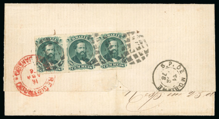 Stamp of Brazil » 1866-83 Dom Pedro » 1876 Roulette "Black Beard" Issue 1876, 100r green, type IV, die III, strip of three