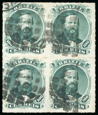 Stamp of Brazil » 1866-83 Dom Pedro » 1876 Roulette "Black Beard" Issue 1876, 100r green, type IV, die III, positions 71-72/81-82, "chapa enferrujada" used