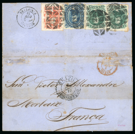 Stamp of Brazil » 1866-83 Dom Pedro » 1876 Roulette "Black Beard" Issue 1876, 100r green, type IV, die III, two examples, 10r vermilion and 50r blue to make up the UPU rate