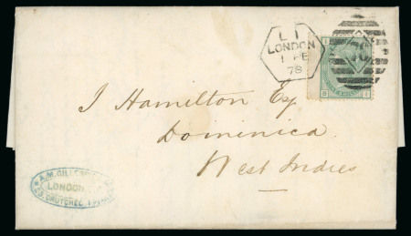 Stamp of Great Britain » 1855-1900 Surface Printed » 1873-80 Large Coloured Corner Letters 1878 (Feb 1) entire from London to Dominica with 1873-80 1s wing marginal