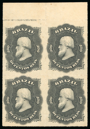 Stamp of Brazil » 1866-83 Dom Pedro » 1876 Roulette "Black Beard" Issue 1876, 200r black, block of four from the top of the sheet, unused without gum, Spanish legend