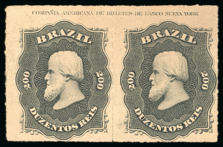 Stamp of Brazil » 1866-83 Dom Pedro » 1876 Roulette "Black Beard" Issue 1876, 200r black, pair unused without gum, exhibiting ABN imprint