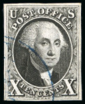 Stamp of United States 1847 10c black, good even margins, and 1851-57 1c blue type IV with interpane centre-line at left 