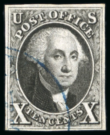 Stamp of United States 1847 10c black, good even margins, and 1851-57 1c blue type IV with interpane centre-line at left 