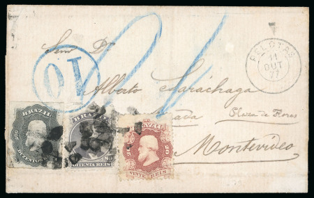 Stamp of Brazil » 1866-83 Dom Pedro » 1876 Roulette "Black Beard" Issue 1876, 200r black, in combination with perf. 1866 20r & 80r on cover to Uruguay