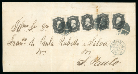 Stamp of Brazil » 1866-83 Dom Pedro » 1876 Roulette "Black Beard" Issue 1876, 200r black, two singles and strip on large cover