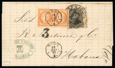 Stamp of Mexico 1877 (May 17) entire from Veracruz to Cuba with 1874-80 10c black and French 40c pair