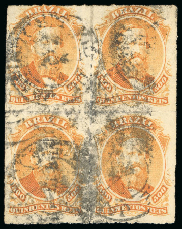 Stamp of Brazil » 1866-83 Dom Pedro » 1876 Roulette "Black Beard" Issue 1876, 500r orange, block of four used with blurred