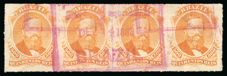 Stamp of Brazil » 1866-83 Dom Pedro » 1876 Roulette "Black Beard" Issue 1876, 500r orange, strip of four, cancelled by Sala